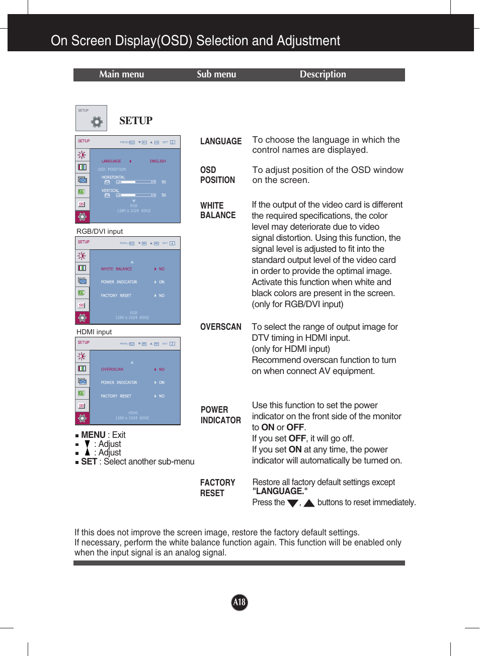 Setup, On screen display(osd) selection and adjustment | LG W2442PA-BF User Manual | Page 19 / 26