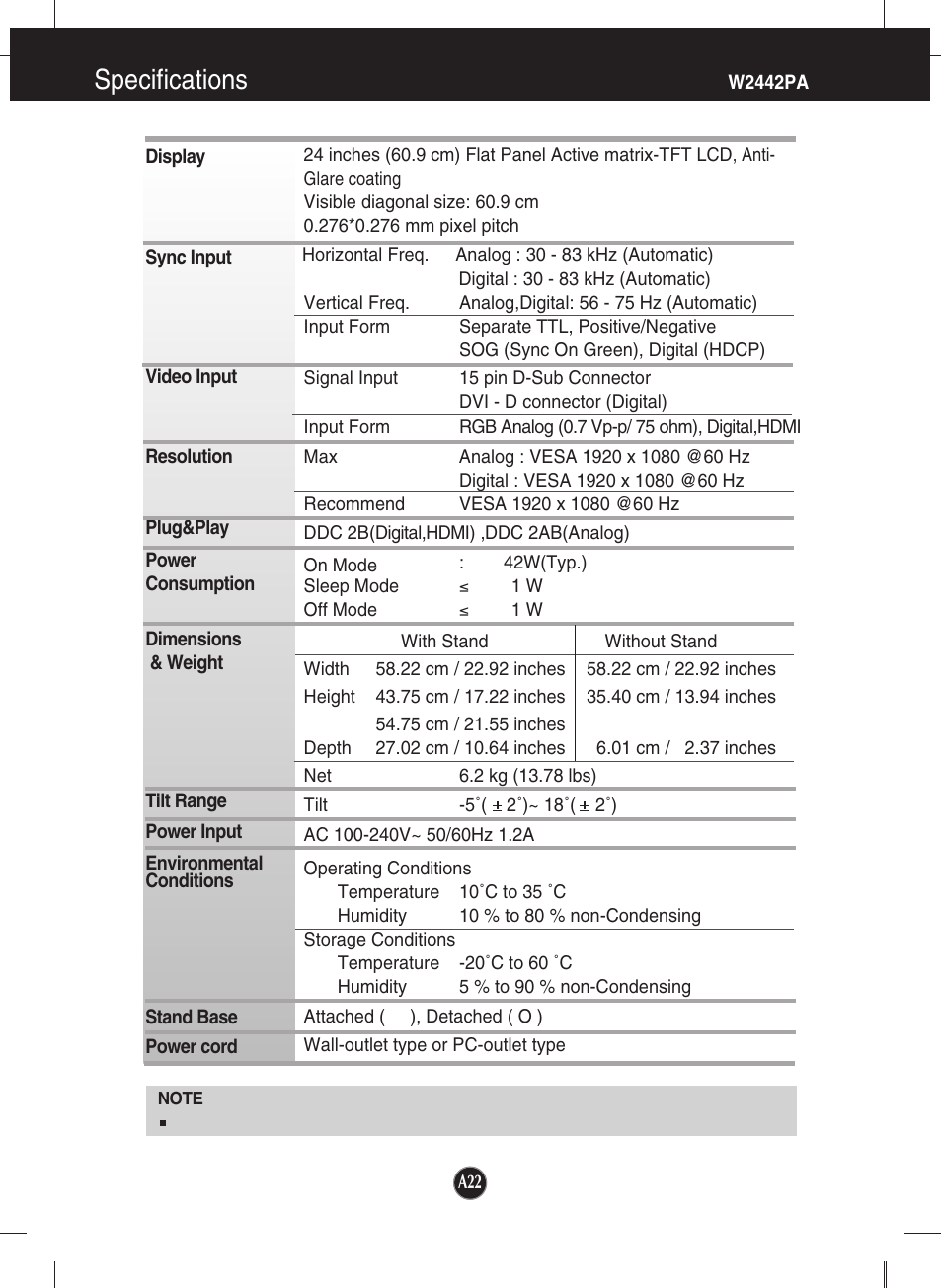 W2442pa, Specifications | LG W2442PA-BF User Manual | Page 23 / 26