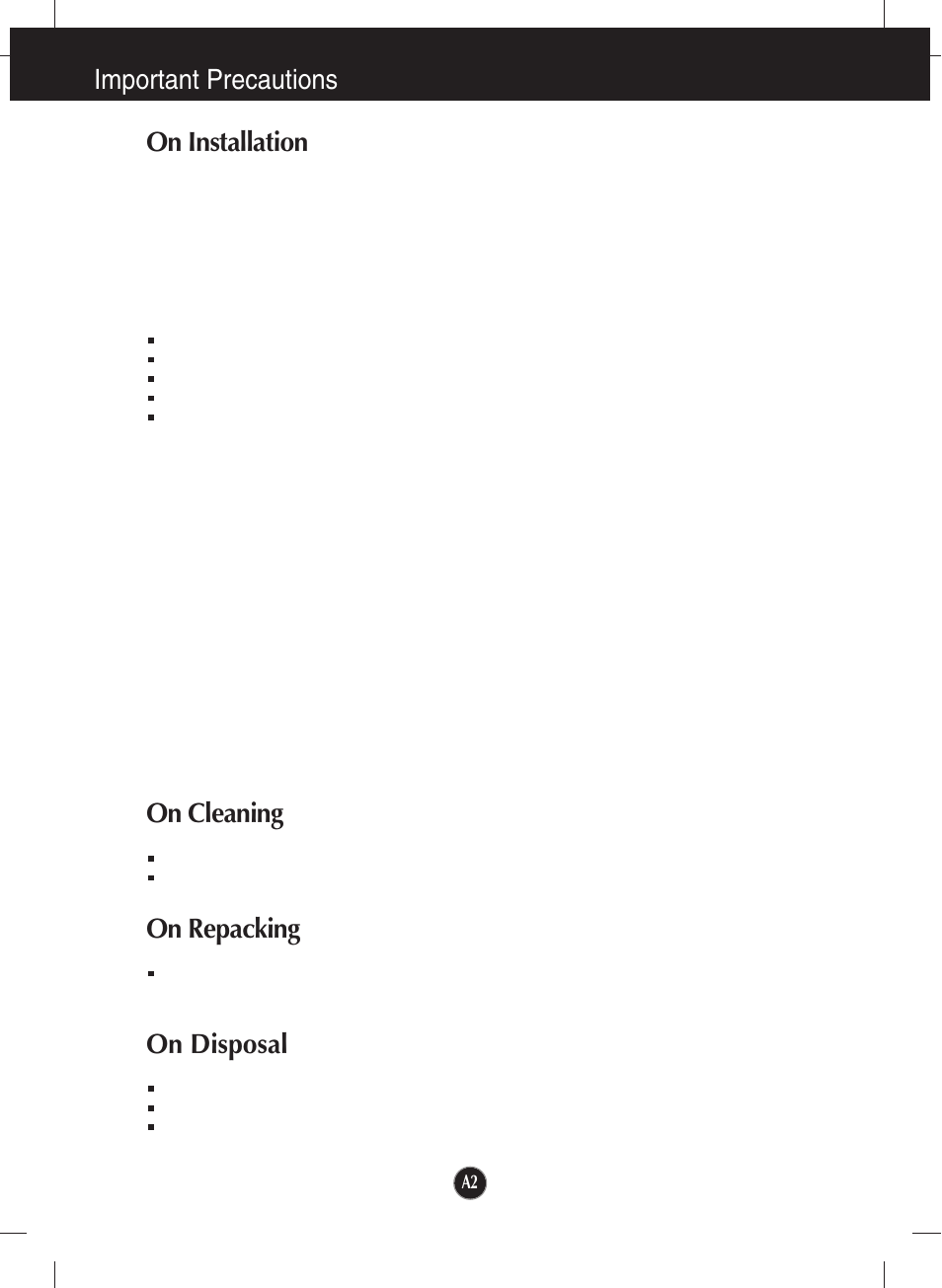 On installation, On cleaning, On repacking | On disposal, Important precautions on installation | LG W2442PA-BF User Manual | Page 3 / 26