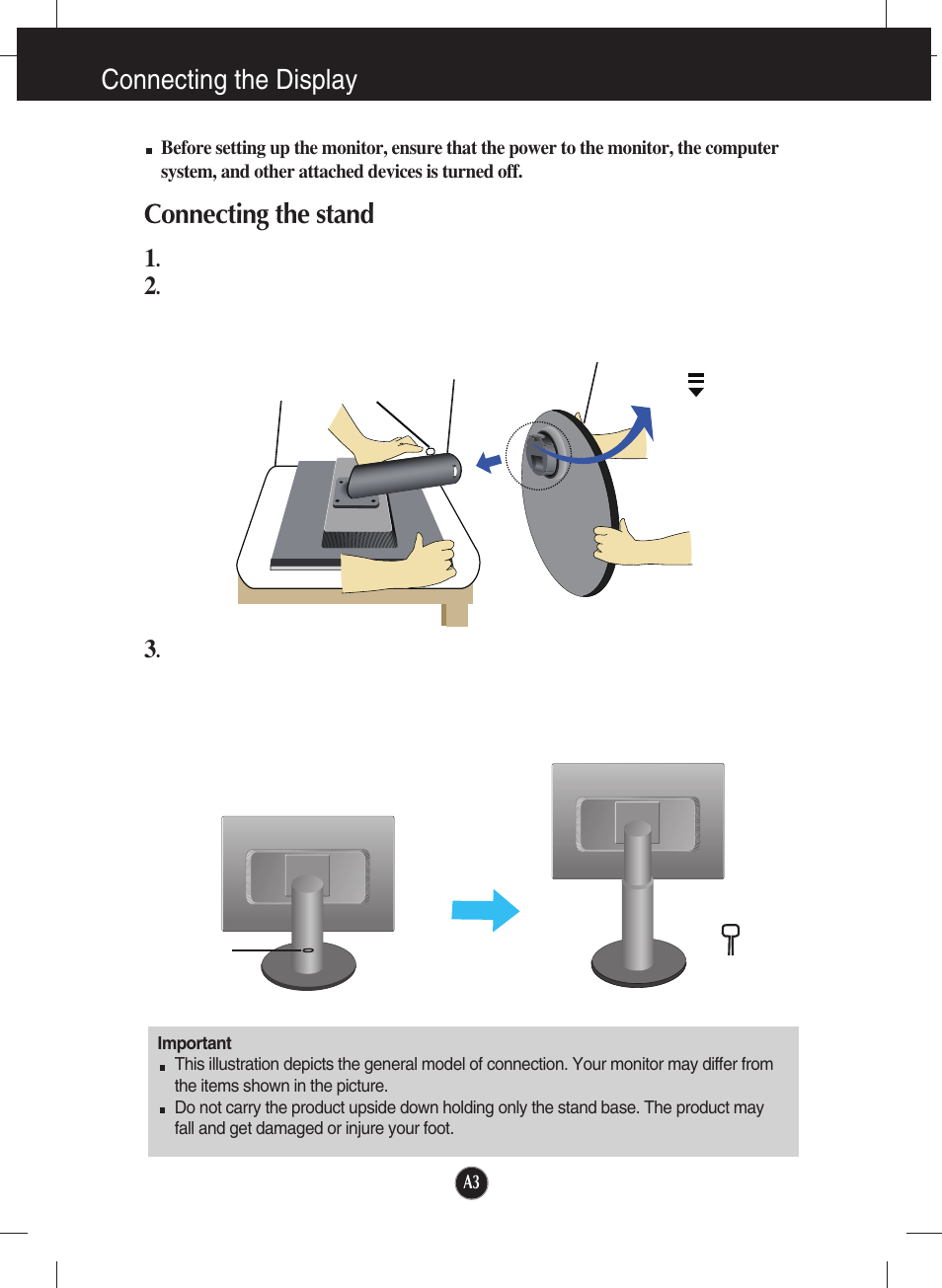 Connecting the display, Connecting the stand | LG W2442PA-BF User Manual | Page 4 / 26
