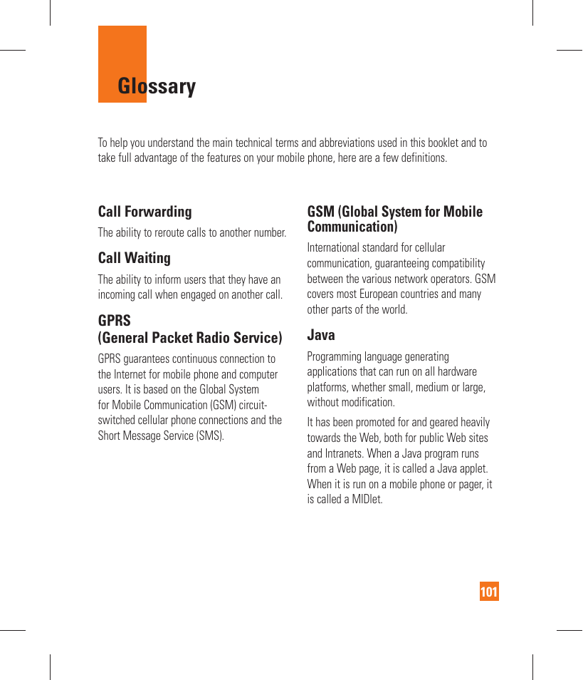 Glossary | LG GT365 User Manual | Page 105 / 218