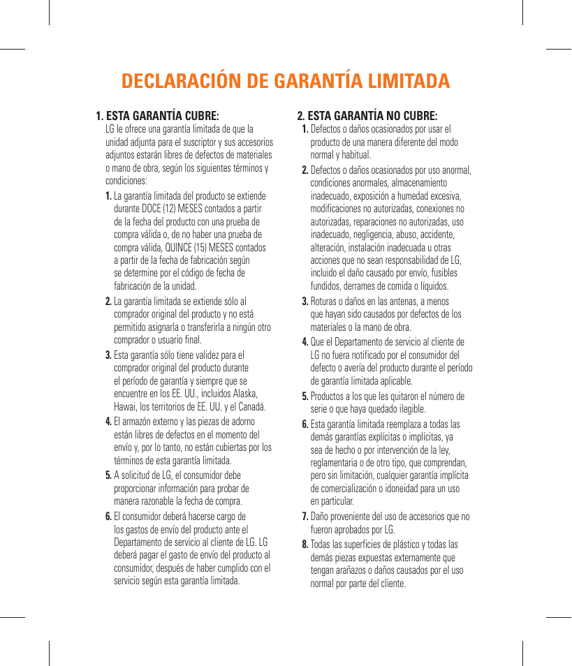 Declaración de garantía limitada | LG GT365 User Manual | Page 111 / 218