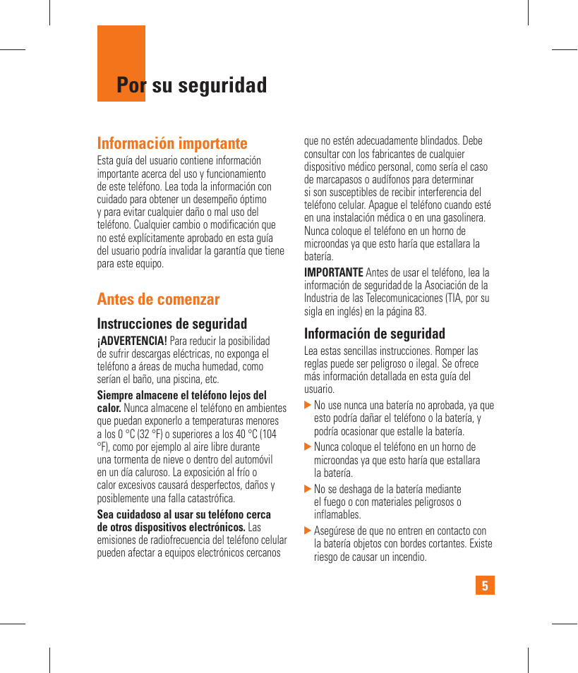 Por su seguridad, Información importante, Antes de comenzar | LG GT365 User Manual | Page 117 / 218