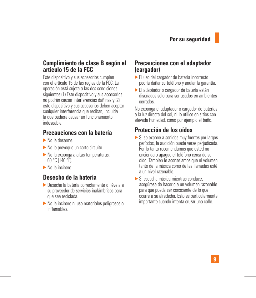 Precauciones con la batería, Desecho de la batería, Precauciones con el adaptador (cargador) | Protección de los oídos | LG GT365 User Manual | Page 121 / 218