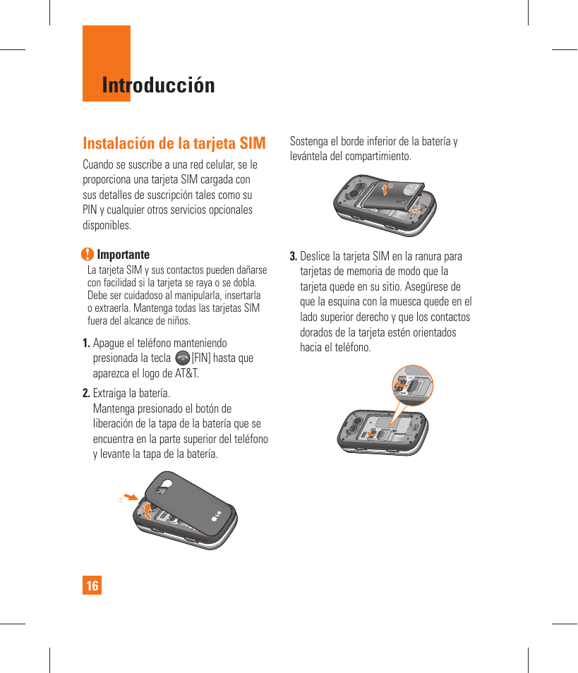 Introducción, Instalación de la tarjeta sim | LG GT365 User Manual | Page 128 / 218