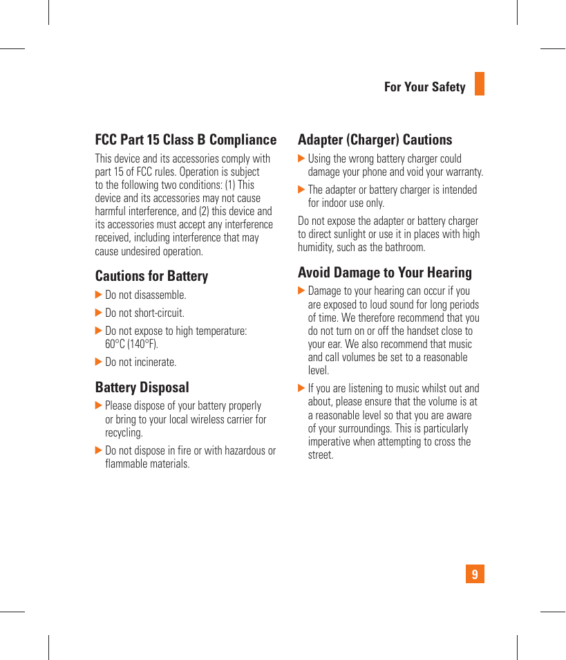 Fcc part 15 class b compliance, Cautions for battery, Battery disposal | Adapter (charger) cautions, Avoid damage to your hearing | LG GT365 User Manual | Page 13 / 218