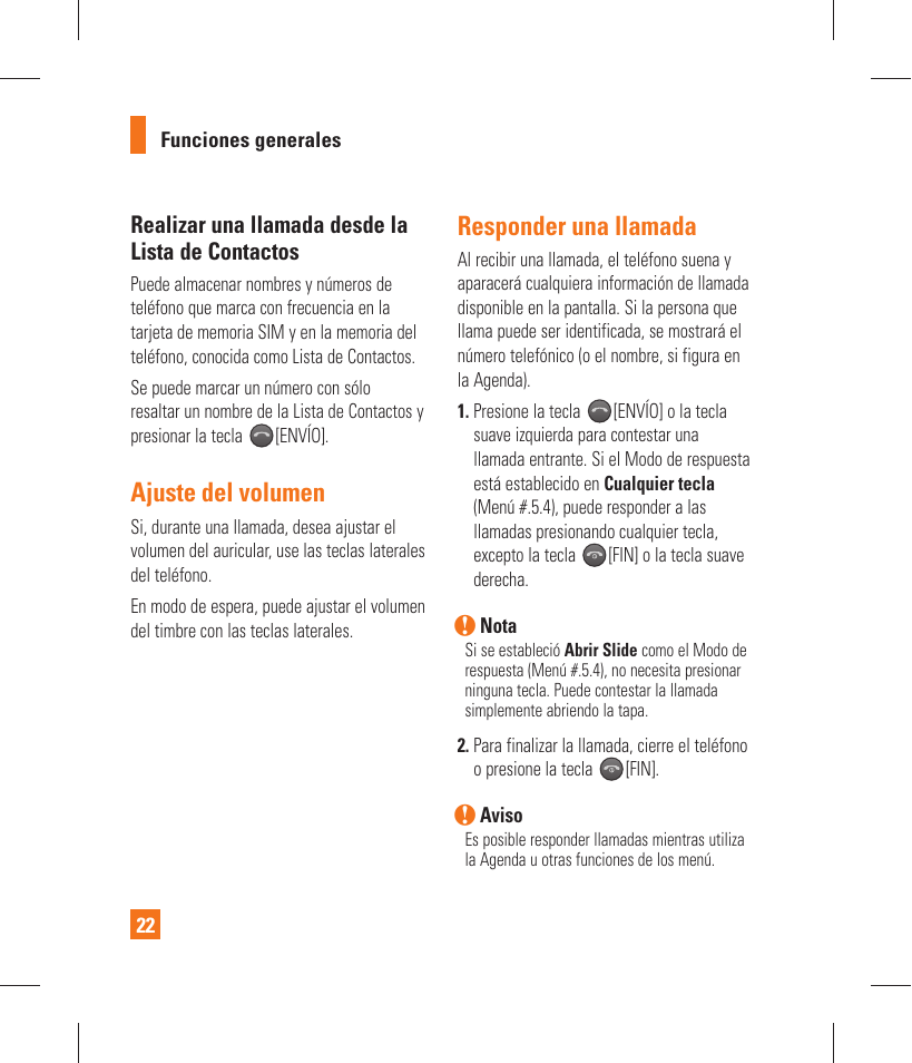 Ajuste del volumen, Responder una llamada, Realizar una llamada desde la lista de contactos | LG GT365 User Manual | Page 134 / 218