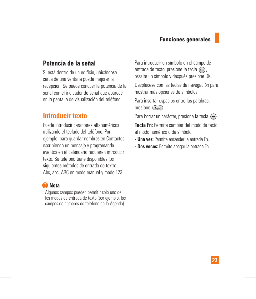 Introducir texto, Potencia de la señal | LG GT365 User Manual | Page 135 / 218