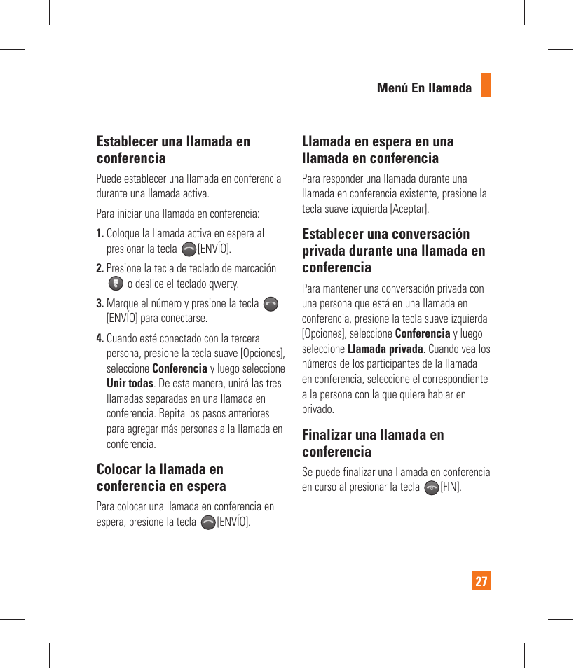 Establecer una llamada en conferencia, Colocar la llamada en conferencia en espera, Llamada en espera en una llamada en conferencia | Finalizar una llamada en conferencia | LG GT365 User Manual | Page 139 / 218