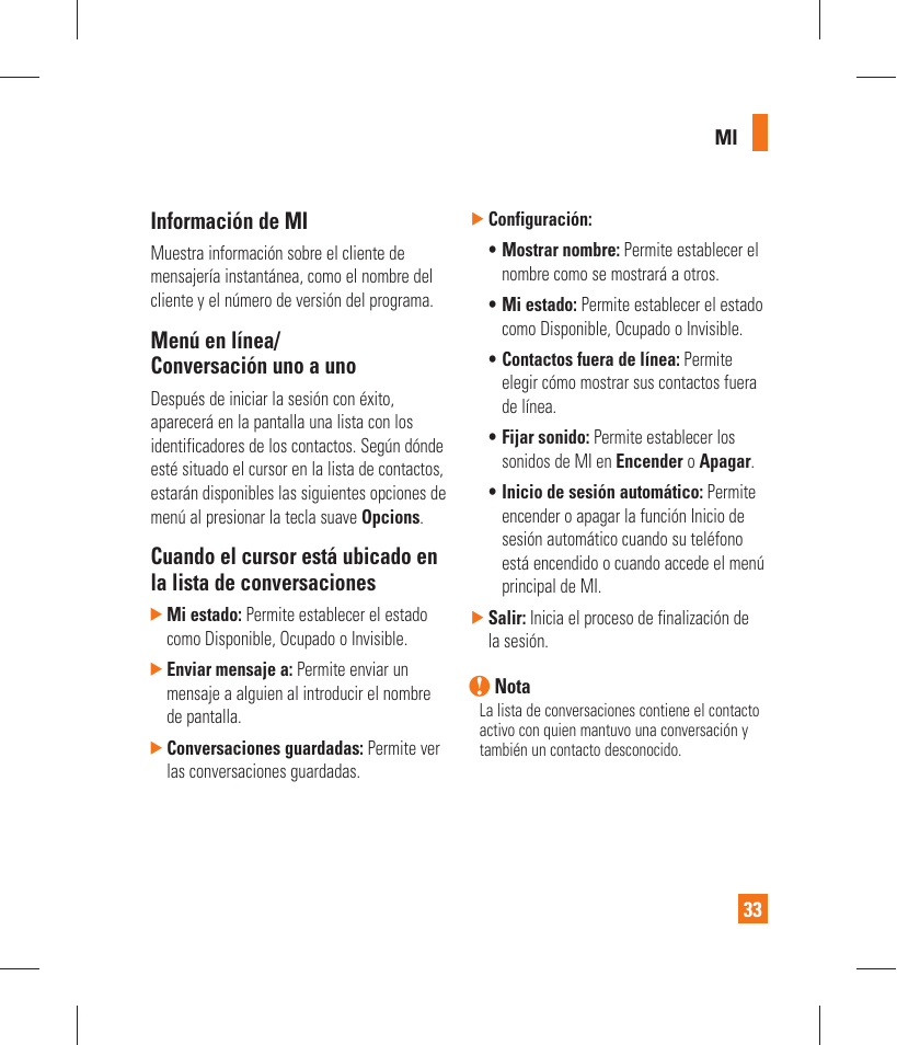 Información de mi, Menú en línea/ conversación uno a uno | LG GT365 User Manual | Page 145 / 218