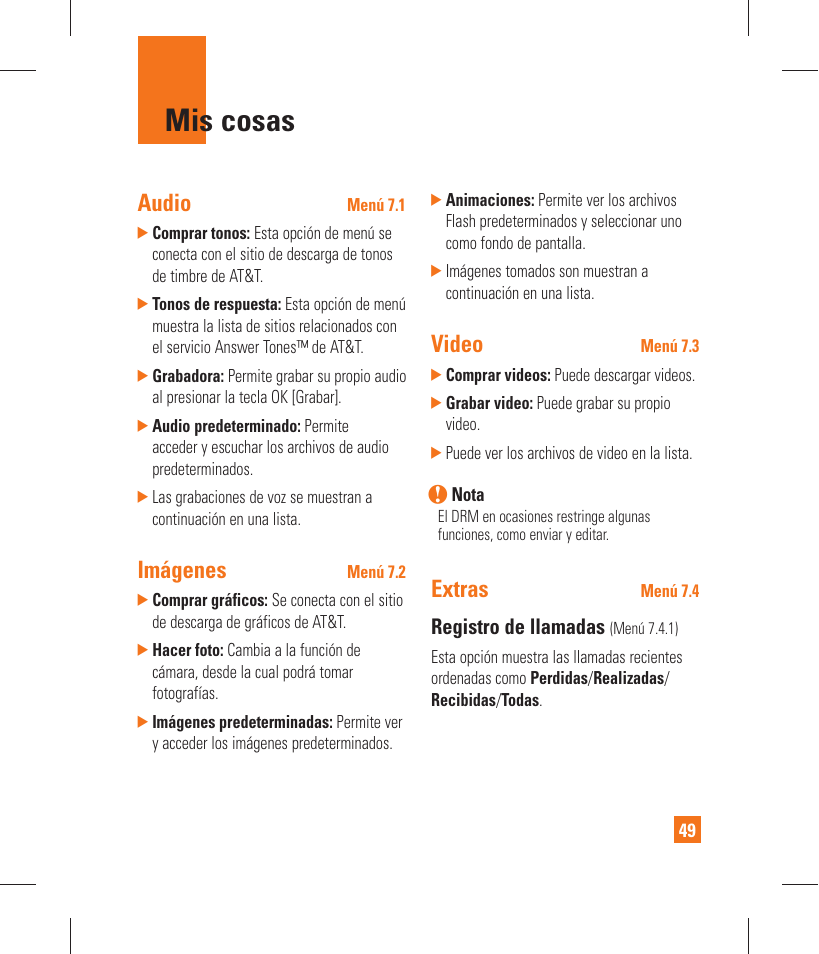 Mis cosas, Audio, Imágenes | Video, Extras, Registro de llamadas | LG GT365 User Manual | Page 161 / 218