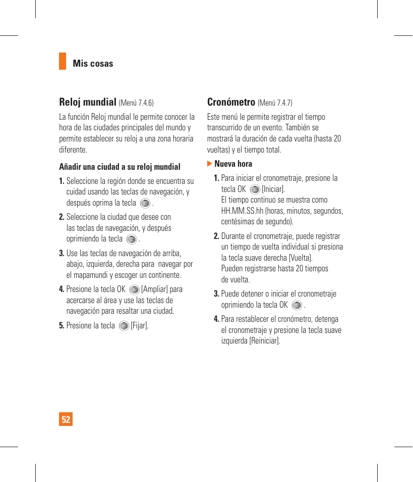 Reloj mundial, Cronómetro | LG GT365 User Manual | Page 164 / 218