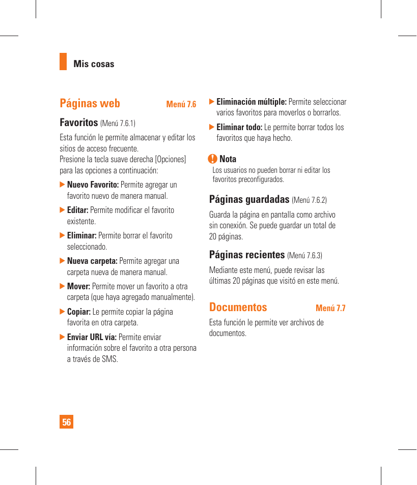 Páginas web, Documentos, Favoritos | Páginas guardadas, Páginas recientes | LG GT365 User Manual | Page 168 / 218