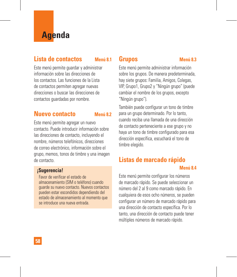 Agenda, Lista de contactos, Nuevo contacto | Grupos, Listas de marcado rápido | LG GT365 User Manual | Page 170 / 218