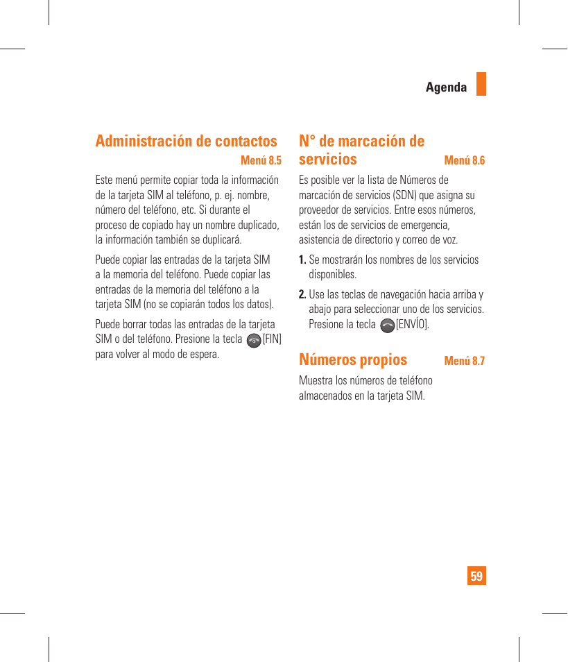 Administración de contactos, N° de marcación de servicios, Números propios | LG GT365 User Manual | Page 171 / 218