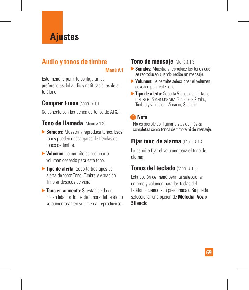 Ajustes, Audio y tonos de timbre, Comprar tonos | Tono de llamada, Tono de mensaje, Fijar tono de alarma, Tonos del teclado | LG GT365 User Manual | Page 181 / 218