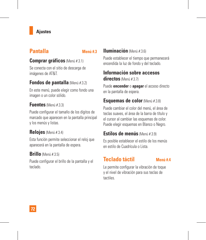 Pantalla, Teclado táctil, Comprar gráficos | Fondos de pantalla, Fuentes, Relojes, Brillo, Iluminación, Información sobre accesos directos, Esquemas de color | LG GT365 User Manual | Page 184 / 218