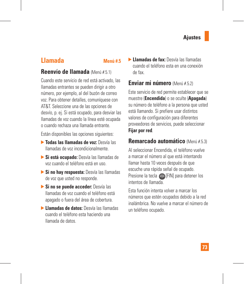 Llamada, Reenvío de llamada, Enviar mi número | Remarcado automático | LG GT365 User Manual | Page 185 / 218