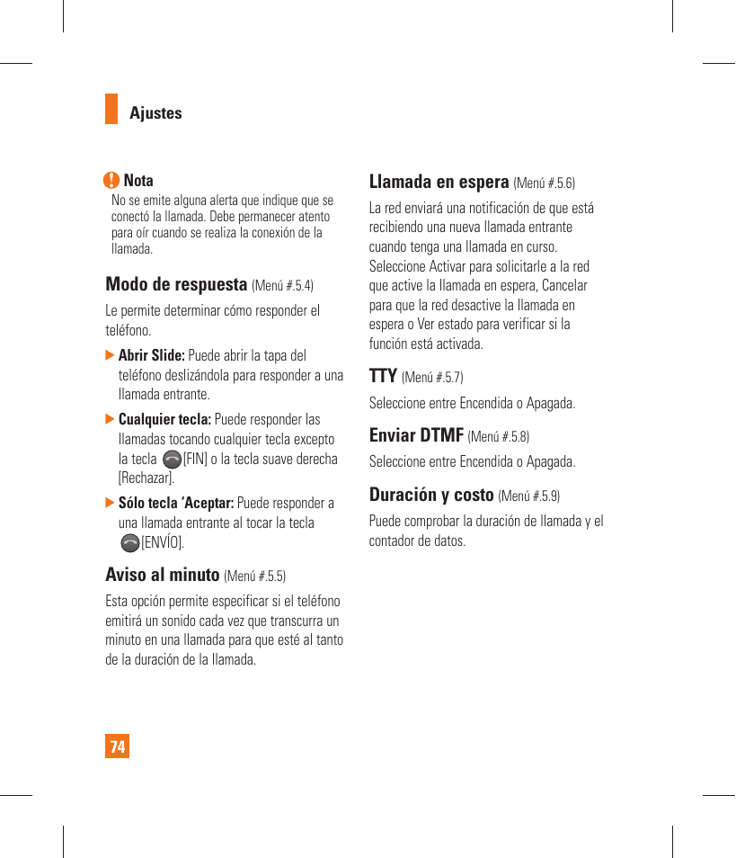 Modo de respuesta, Aviso al minuto, Llamada en espera | Enviar dtmf, Duración y costo | LG GT365 User Manual | Page 186 / 218