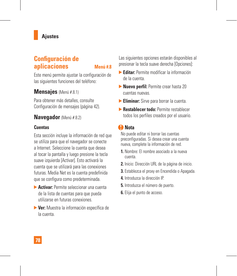 Confi guración de aplicaciones, Mensajes, Navegador | LG GT365 User Manual | Page 190 / 218