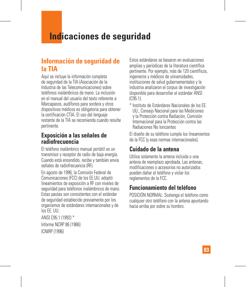 Indicaciones de seguridad, Información de seguridad de la tia | LG GT365 User Manual | Page 195 / 218