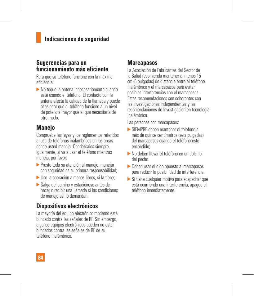 Sugerencias para un funcionamiento más eficiente, Manejo, Dispositivos electrónicos | Marcapasos | LG GT365 User Manual | Page 196 / 218