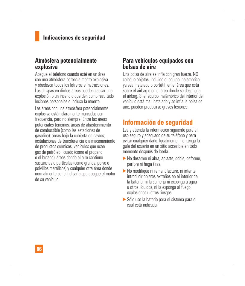 Información de seguridad, Atmósfera potencialmente explosiva, Para vehículos equipados con bolsas de aire | LG GT365 User Manual | Page 198 / 218