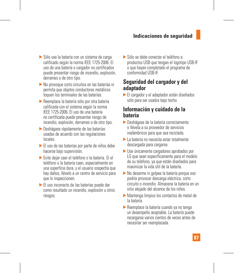 Seguridad del cargador y del adaptador, Información y cuidado de la batería | LG GT365 User Manual | Page 199 / 218