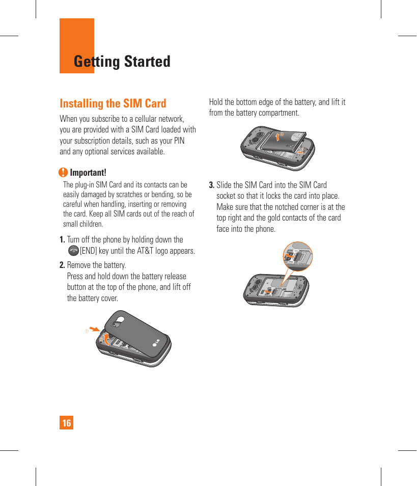 Getting started, Installing the sim card | LG GT365 User Manual | Page 20 / 218