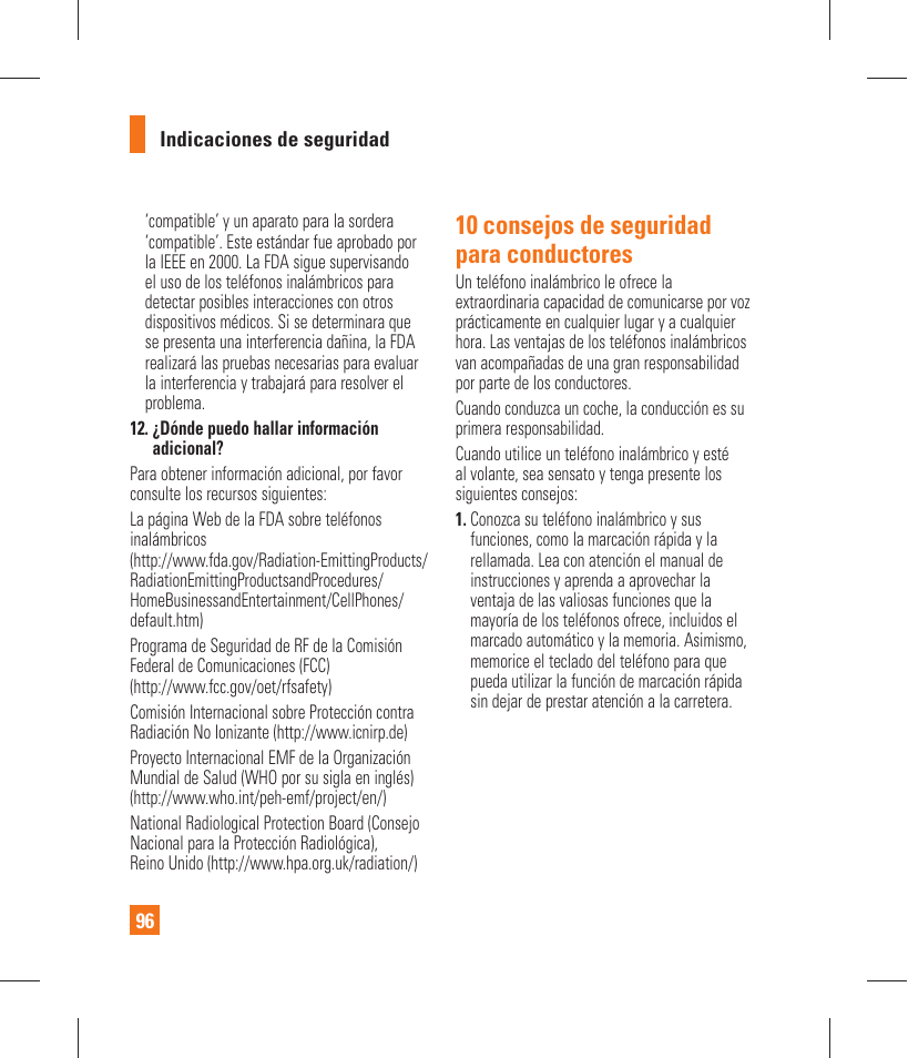 10 consejos de seguridad para conductores | LG GT365 User Manual | Page 208 / 218
