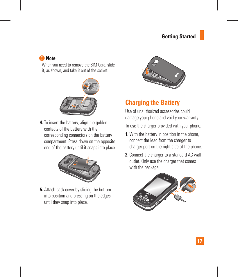 Charging the battery | LG GT365 User Manual | Page 21 / 218