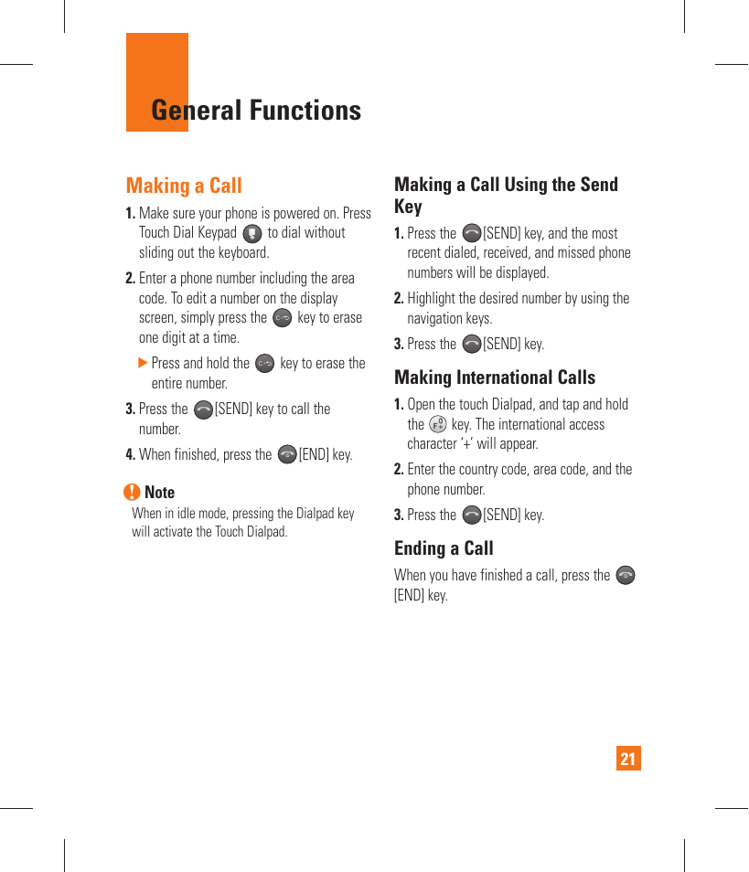 General functions, Making a call, Making a call using the send key | Making international calls, Ending a call | LG GT365 User Manual | Page 25 / 218