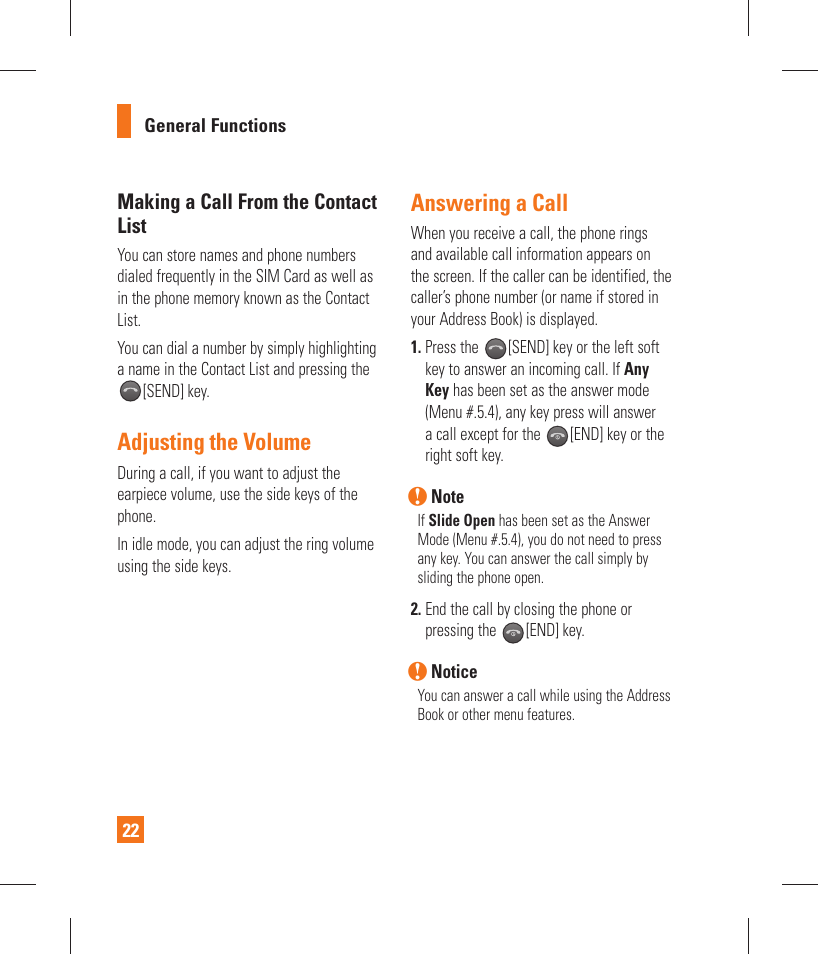 Adjusting the volume, Answering a call, Making a call from the contact list | LG GT365 User Manual | Page 26 / 218