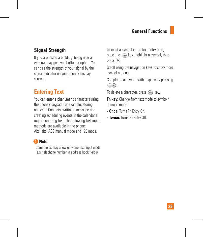Entering text, Signal strength | LG GT365 User Manual | Page 27 / 218