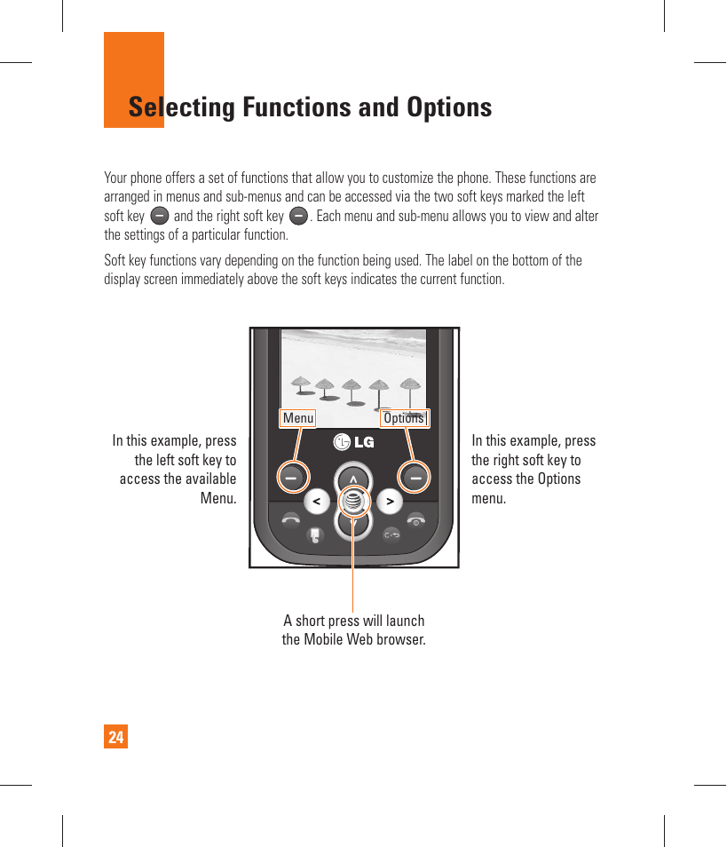 Selecting functions and options | LG GT365 User Manual | Page 28 / 218