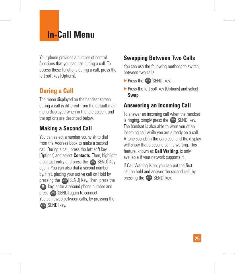 In-call menu, During a call, Making a second call | Swapping between two calls, Answering an incoming call | LG GT365 User Manual | Page 29 / 218