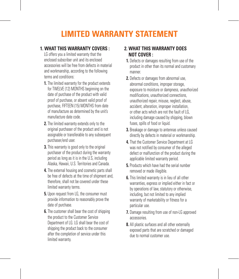 Limited warranty statement | LG GT365 User Manual | Page 3 / 218