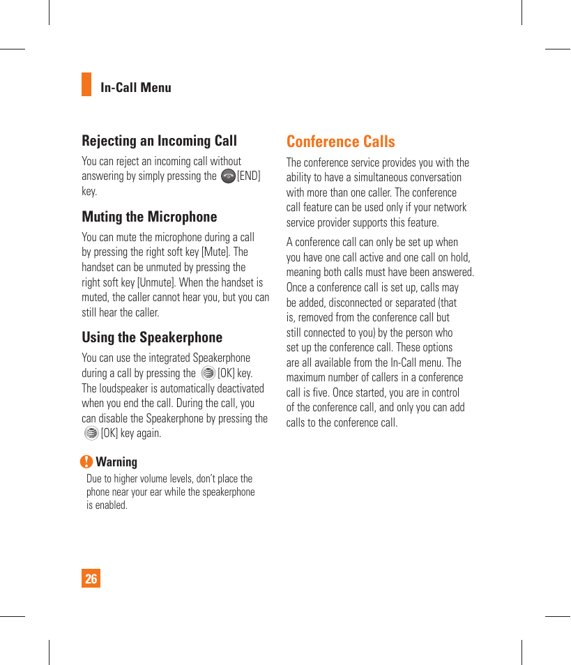 Conference calls, Rejecting an incoming call, Muting the microphone | Using the speakerphone | LG GT365 User Manual | Page 30 / 218