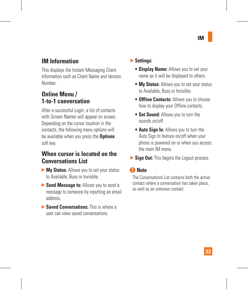 Im information, Online menu / 1-to-1 conversation, When cursor is located on the conversations list | LG GT365 User Manual | Page 37 / 218