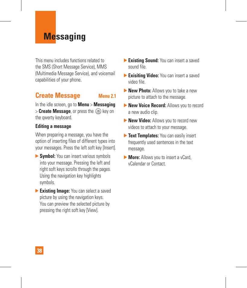 Messaging, Create message | LG GT365 User Manual | Page 42 / 218