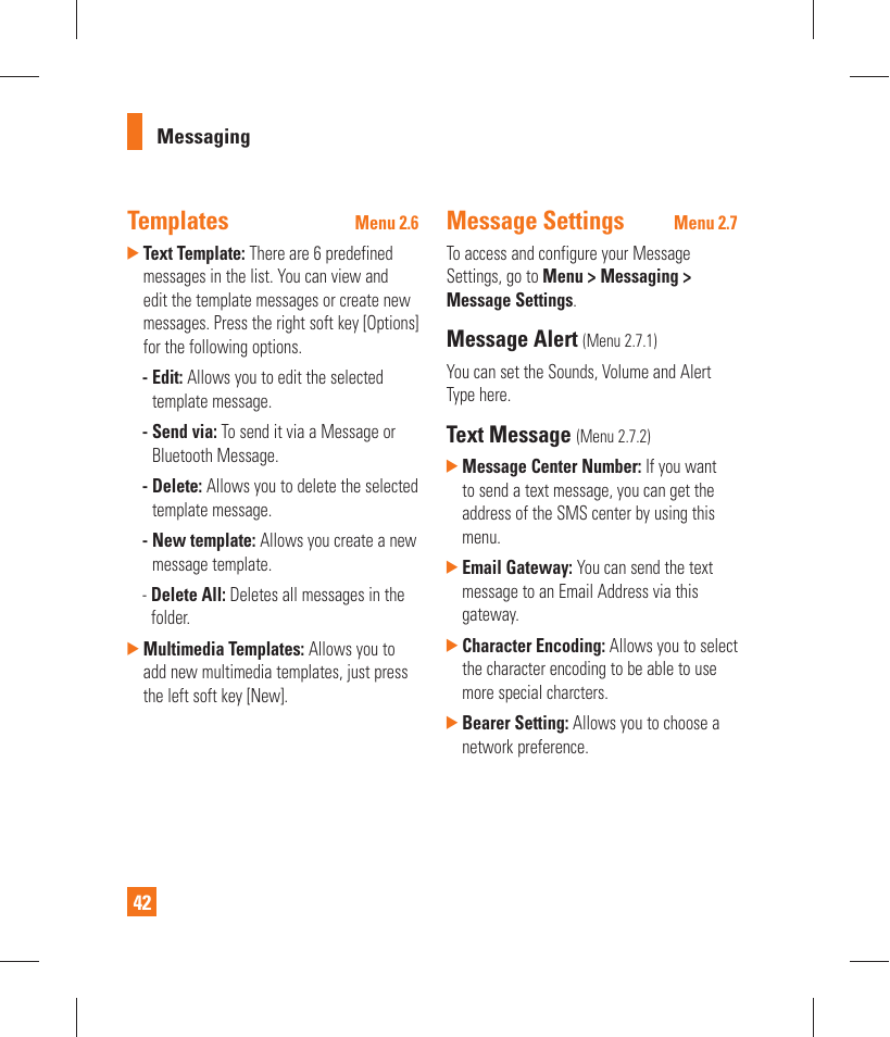 Templates, Message settings, Message alert | Text message | LG GT365 User Manual | Page 46 / 218