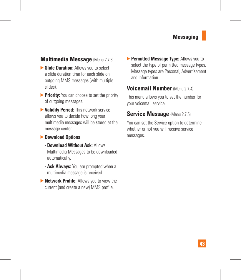 Multimedia message, Voicemail number, Service message | LG GT365 User Manual | Page 47 / 218
