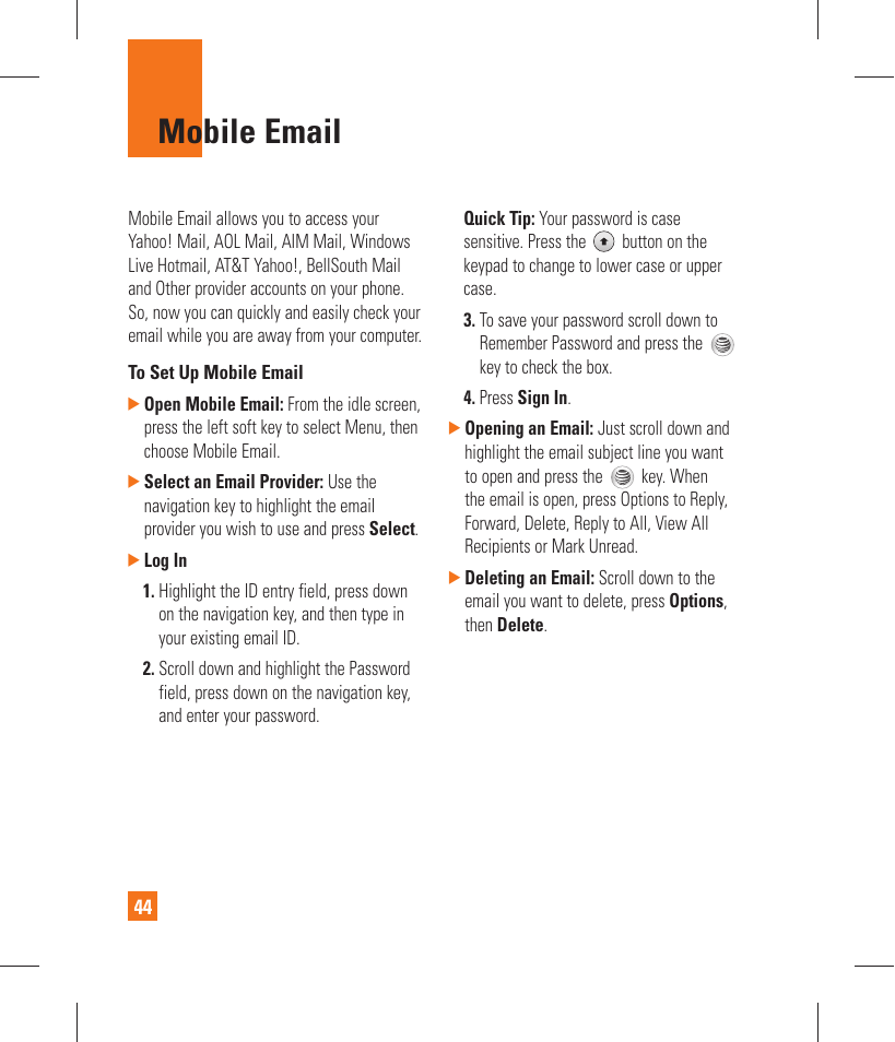 Mobile email | LG GT365 User Manual | Page 48 / 218