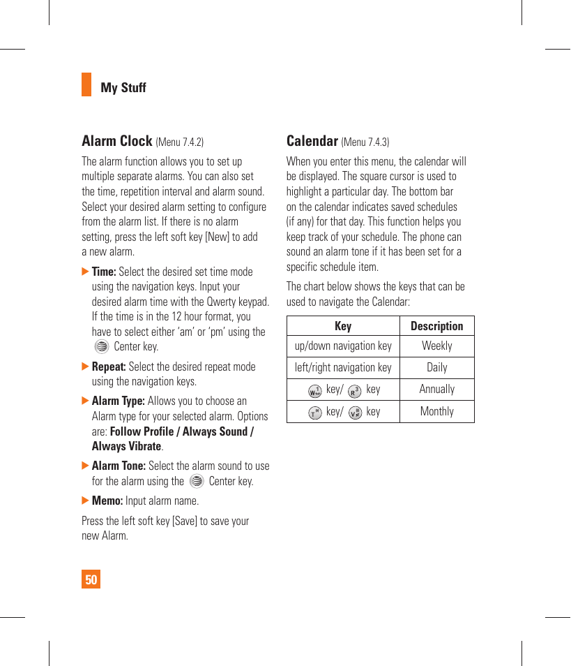 Alarm clock, Calendar | LG GT365 User Manual | Page 54 / 218