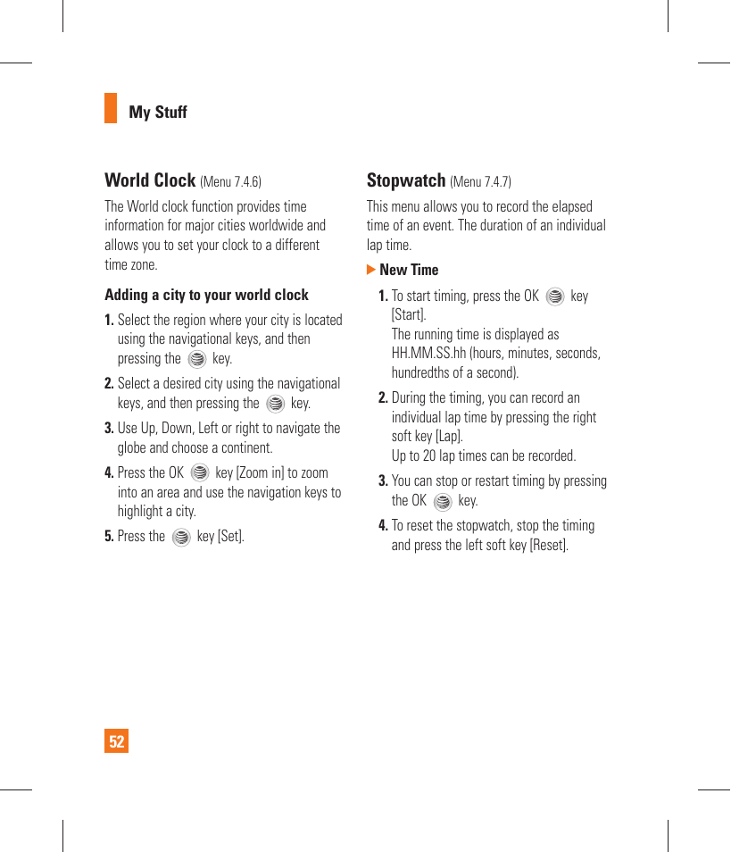World clock, Stopwatch | LG GT365 User Manual | Page 56 / 218