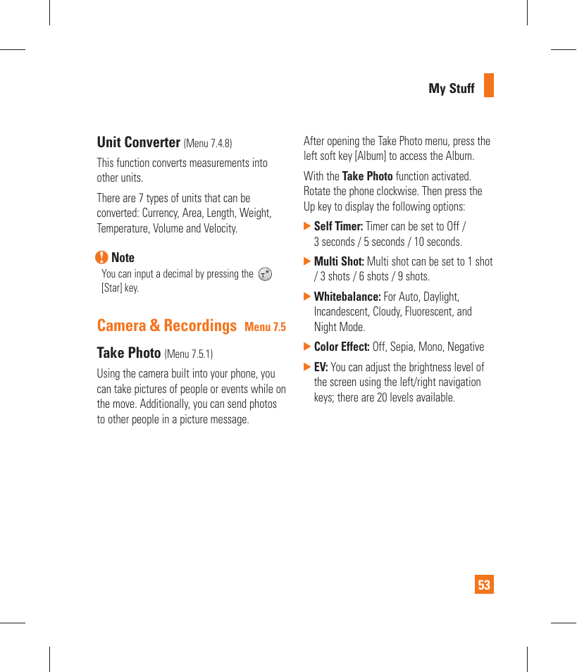 Camera & recordings, Unit converter, Take photo | LG GT365 User Manual | Page 57 / 218