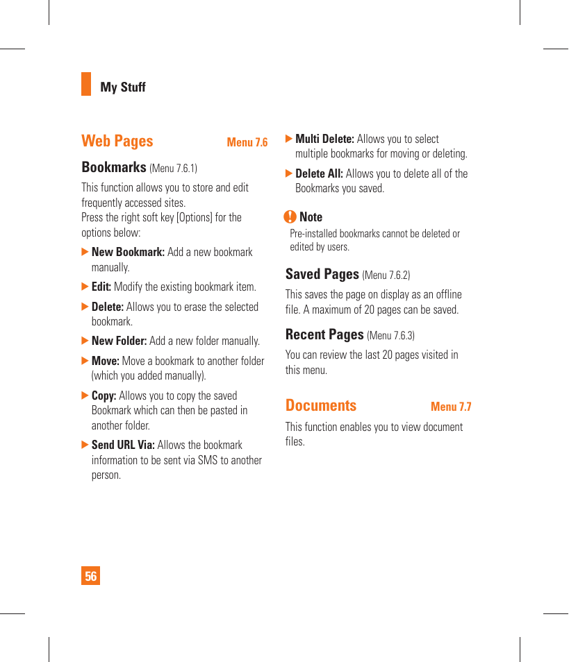 Web pages, Documents, Bookmarks | Saved pages, Recent pages | LG GT365 User Manual | Page 60 / 218