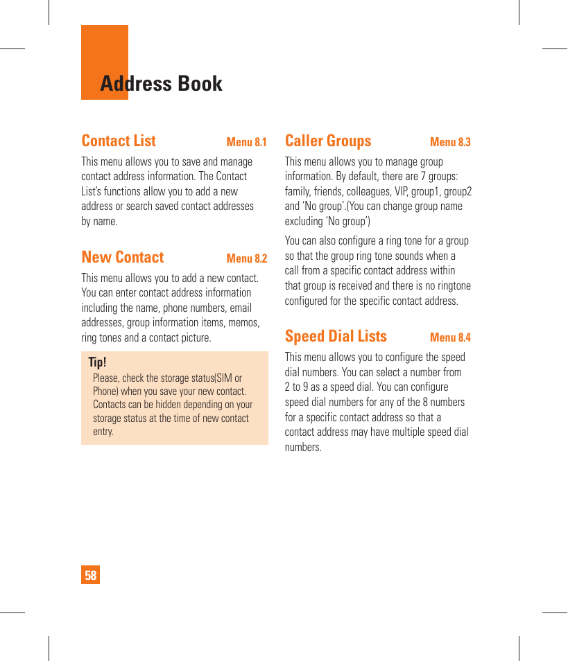 Address book, Contact list, New contact | Caller groups, Speed dial lists | LG GT365 User Manual | Page 62 / 218