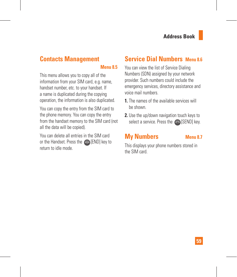 Contacts management, Service dial numbers, My numbers | LG GT365 User Manual | Page 63 / 218