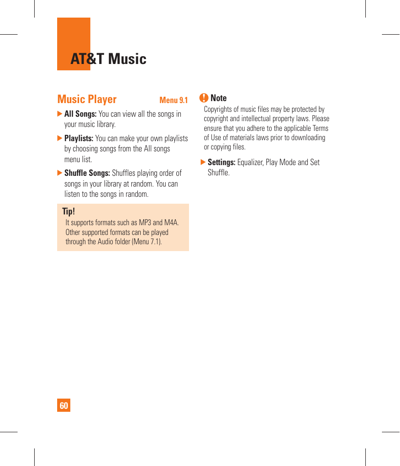 At&t music, Music player | LG GT365 User Manual | Page 64 / 218